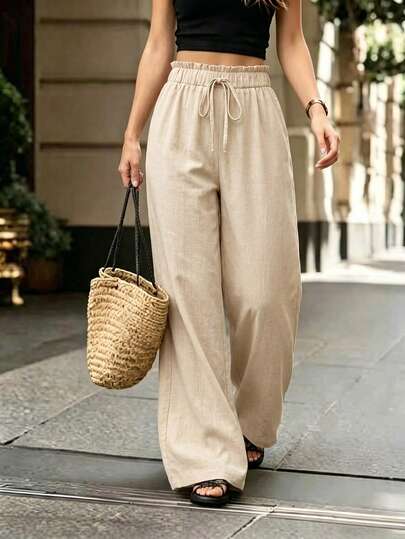 SHEIN Pantalones largos elegantes y casuales de mujer con cintura elástica y cordón de unicolor