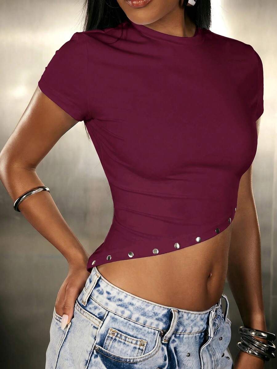 Denimoi Studded Hem Top Asymmetrical Hem Top Fashionable Streetwear It Girl Fashion Concert Outfits - Burgundy - View 1