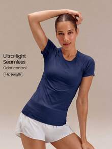 GLOWMODE Seamless Workout Shirt Slim Fit Short Sleeve Sports Tees Gym Athletic Tops Summer - Blue - View 1