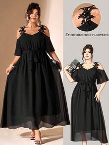 Cravure 1pc Lace Patchwork Sweetheart Neck Cold Shoulder Ruffle Hem Cinched Waist A-Line Midi Dress, Fashionable & Elegant, Suitable For Spring/Summer, Plus Size - Black - View 5