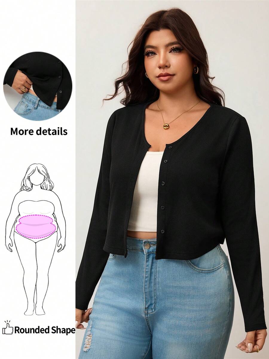 Enliva 大尺碼女款黑色羅紋針織短版開襟外套-V領鈕扣前開式毛衣,打造隨性層次穿搭風格 - 黑色 - 查看 1