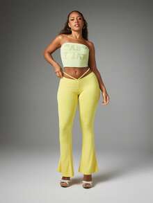 BABYPHAT Low Rise Flared Trousers With Rhinestone Logo Strap Detail, Festival Party Pants - Pale Yellow - View 3