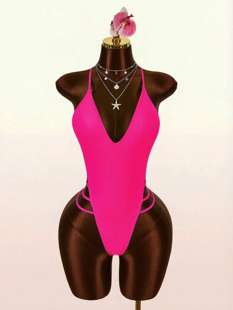 Amplova Women's One-Piece Underwire V-Neck Backless Tie-Up Swimsuit, Sexy And Avant-Garde, Suitable For Vacation And Daily Wear - Hot Pink - View 2