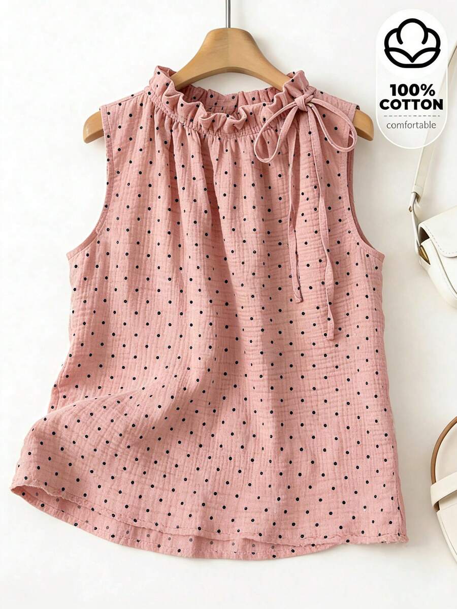 SHEIN Franclia 女款波點立領休閒百搭日常穿著上衣 - 粉色 - 查看 1