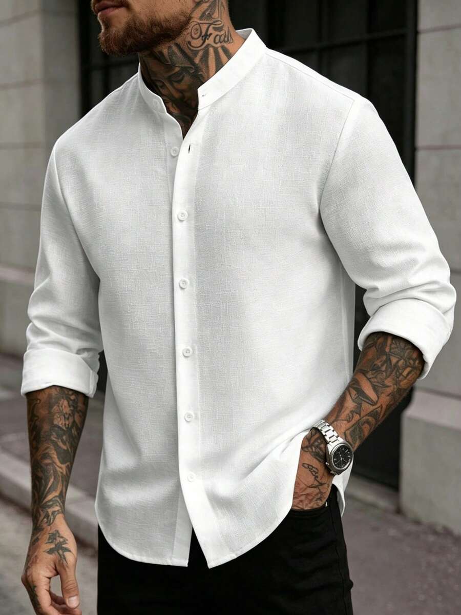 Manfinity CasualCool 男士純色竹紋領休閒長袖襯衫,白色商務休閒長袖襯衫,正式款 - 白色 - 查看 1