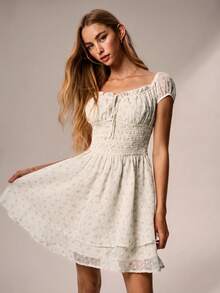 Willow Rêve Women's White Floral Pleated Double Layer Mini Dress, Romantic Cottagecore Vacation Style, Valentine's Day, Boho Style, Y2K Style, Picnic, Summer - White - View 5
