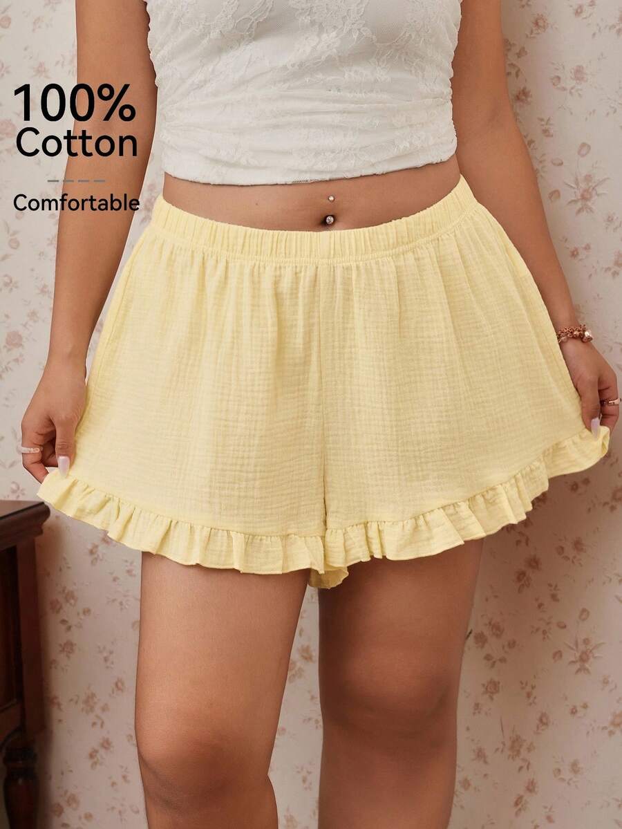CovetEZ Shorts de talla grande cómodos de algodón puro con ribete de volantes, color amarillo pálido, casuales y versátiles, nuevos para primavera/verano - Amarillo - Ver 1