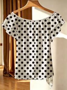 Franclia Top de Talla Grande Estilo Francés Cuello Cuadrado Volantes a Rayas - Beis - Ver 2