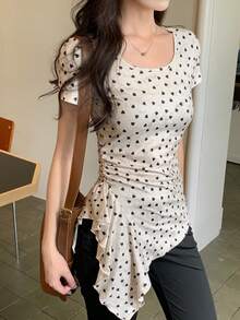 DAZY Women's Polka Dot Sheer Long Sleeve Round Neck Base Layer Top Spring Summer - Light Grey - View 4