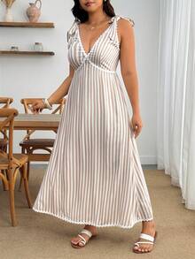 Enliva Plus-Size Sleeveless White Striped Midi Dress, Fashionable Boho Summer Vacation Casual Style. Beach - Apricot - View 4