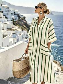 Linhara CURVE Damen Große Größen Sommer Lässig Minimalistisch Vielseitig Urlaubsstil Beige & Braun Vertikal Gestreift Zufälliges Muster Hemdkragen Tasche Knopfdesign Lockerer Schnitt Hemdkleid Geeignet für Frühling Sommer Herbst - Grün - Übersicht 1