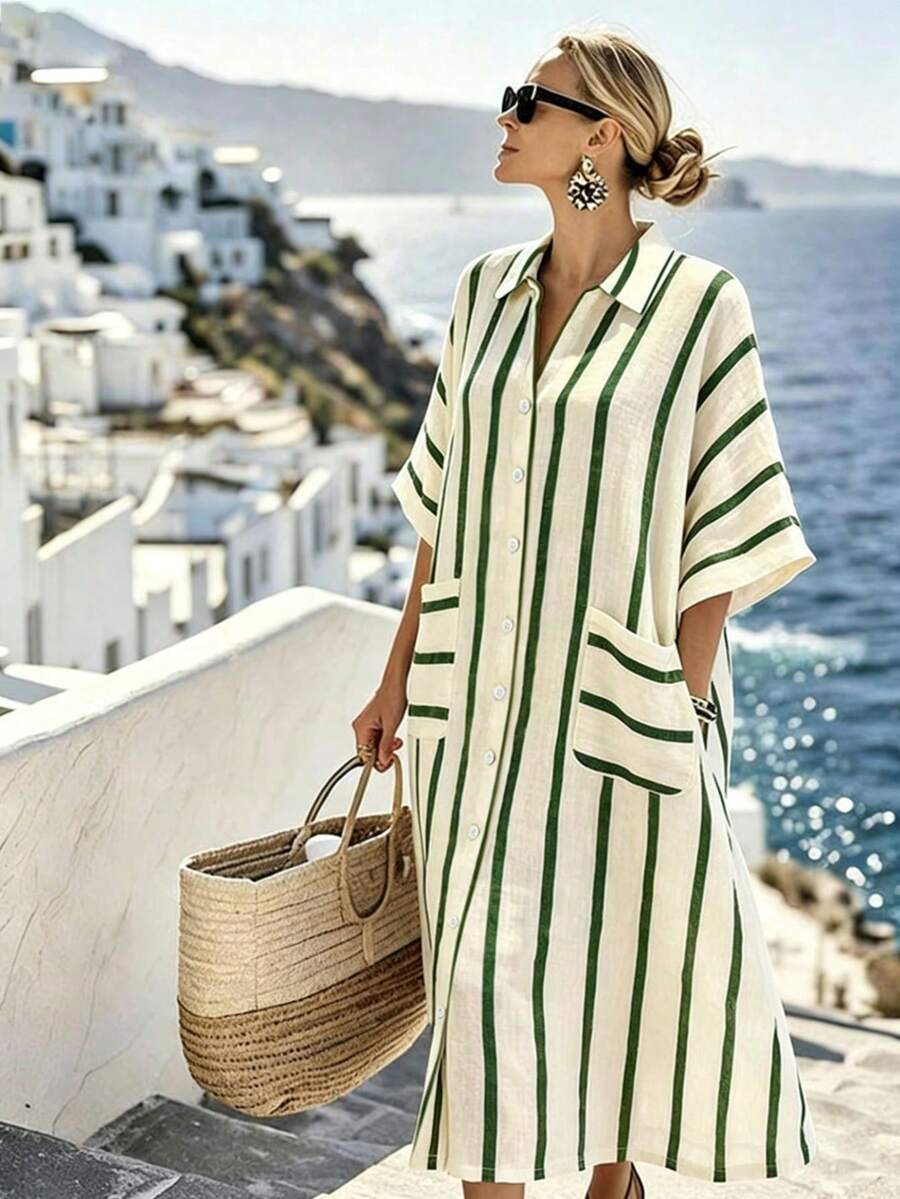 Linhara CURVE Damen Große Größen Sommer Lässig Minimalistisch Vielseitig Urlaubsstil Beige & Braun Vertikal Gestreift Zufälliges Muster Hemdkragen Tasche Knopfdesign Lockerer Schnitt Hemdkleid Geeignet für Frühling Sommer Herbst - Grün - Übersicht 1