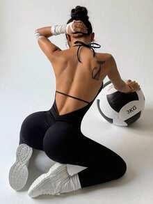 Sirith Seamless High Elasticity Racerback Sports Jumpsuit With Lifting Effect - Black - View 5