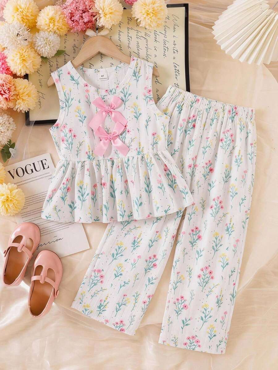 SHEIN Elladie kids 女童碎花两件套,粉色蝴蝶结装饰无袖上衣+配套阔腿裤,甜美可爱休闲装,夏季 - 白色 - 查看 1