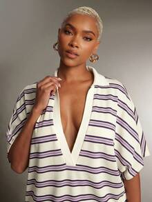Denimoi Plunge Neck Collared Oversized Striped Polo Top Fashionable Tops - Purple - View 2