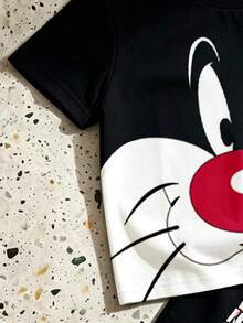 LOONEY TUNES X SHEIN GraphicGems 男嬰圓領卡通印花短袖T恤與短褲休閒日常套裝 - 黑色 - 查看 4