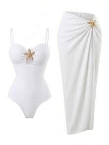 Swim Oasis 2件組女款春夏提花布料細肩帶海星裝飾長洋裝 高端連身泳衣附外罩裙套裝 - 杏色 - 查看 3