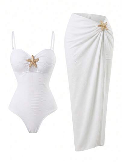 Swim Oasis 2pcs Women's Spring/Summer Jacquard Fabric Thin Strap Starfish Decor Long Dress High-End One-Piece Swimsuit With Cover-Up Skirt Set