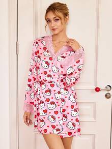 HELLO KITTY AND FRIENDS | SHEIN 女款卡通印花蕾絲拼接睡裙 - 粉色 - 查看 7