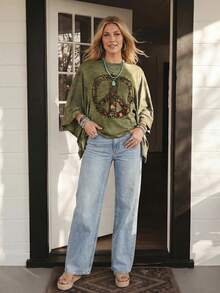 Wildy Tenue d'été décontractée BOHO style western country avec patchwork blocs de couleurs pour femme, top ample asymétrique basique pour sorties et trajets quotidiens - Militaire verte - Voir 5