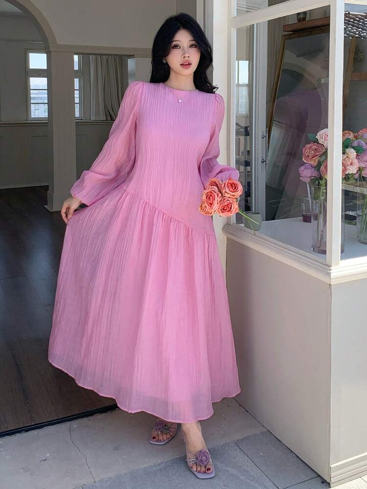 Solavon New Solid Color Loose Fit Comfortable Vacation Versatile Lantern Sleeve Dress  Unlined Sleeves Unlined Sleeves Unlined Sleeves Unlined Sleeves - Baby Pink - View 4