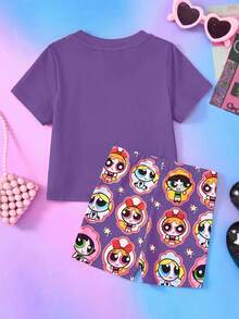 THE POWERPUFF GIRLS X SHEIN Baby Girl Cute Sweet Cartoon Print T-Shirt And Shorts 2-Piece Set Suitable For Spring And Summer - Purple - View 2