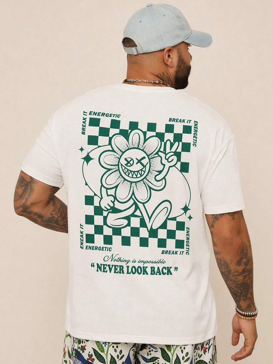 EASEVO 男士加大码卡通趣味图案针织休闲短袖T恤，适合度假、夏季、上学 - 白色 - 查看 1