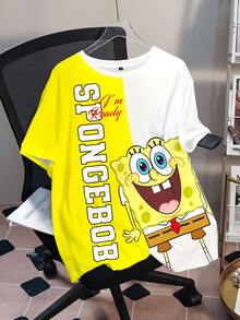 SpongeBob SquarePants | SHEIN 大尺碼女款字母卡通印花休閒百搭日常穿搭T恤 - 白色 - 查看 3