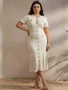 Anewsta Vestido formal de talla grande blanco de otoño, elegante, de color liso, de punto pesado con cable de cuerda retorcida, volantes en el bajo, abotonado, plisado y con cola de sirena - Albaricoque - Ver 2