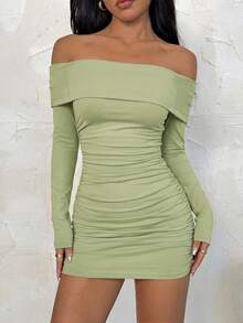 SHEIN PETITE Vestido midi ajustado de manga larga con volantes y hombros descubiertos de unicolor para mujer,vestidos de verano para mujer,mujeres de talla pequeña - verde menta - Ver 5