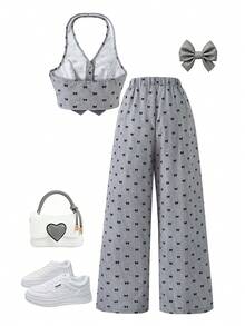 SHEIN 2件組女童青少年套裝 開襟無袖西裝背心、條紋背心上衣、鬆緊腰拼接腰帶寬鬆寬腿條紋長褲，通勤休閒夏季兩件套 - 灰色 - 查看 2