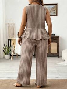 SHEIN LUNE Plus Size Women's Beige Ruffle Hem Sleeveless Shirt And Wide Leg Pants Casual Two Pieces Set Vacation Summer Wedding Guest - Multicolor - View 4