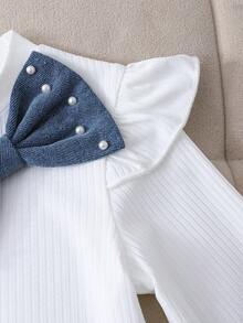 2pcs Young Girl Preppy Faux Pearl Beading Bow Knot Rib Knit Ruffle Long Sleeve Pleated A Line Skirt T Shirt Denim Skirt Set Party Fall Style - White - View 9