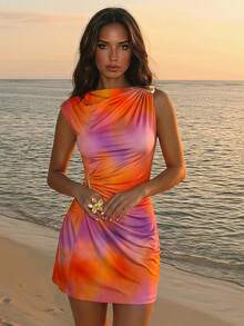 Aloruh New Vacation Style Orange And Pink Gradient Print Metal Decor Ruched Umbrella Hem Cap Sleeve Mini Dress French Club Summer Sexy - Orange - View 10
