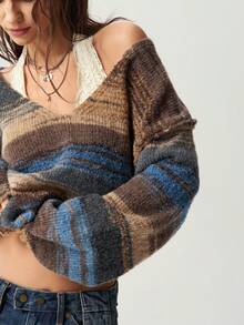 Bohemela Sweater Rajut Longgar Leher V Gradien Vintage - Lime Green - View 2