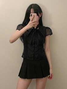 DAZY 女款春夏秋季綁帶短袖夏季襯衫 - 黑色 - 查看 4