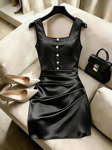 SHEIN Women's Summer Black Glossy Satin Square Neck Single-Breasted Metal Button Ruched Waist Bodycon Mini Skirt, Multi-Layer Side Gathered, Elegant Mini Skirt - Black - View 4
