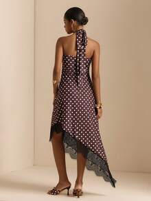 SHEIN LUNE Women's Elegant Retro 90s Vacation Daily Halter Neck Asymmetric Hem Lace Patchwork Dress Party Brown And White Polka Dot Summer - Brown - View 2