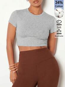SHEIN BASICS 女款純色修身短版圓領T恤上衣 淺灰色 短版上衣 適合校園日常 夏季休閒 基本款 健身 - 淺灰色 - 查看 8