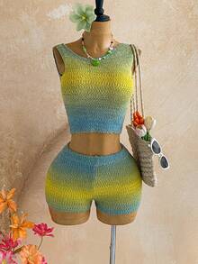Soleia Women's Tie-Dye Asymmetric Neckline Sleeveless Top And Shorts Knit 2 Pieces Set - Multicolor - View 4