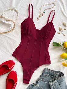 Soleia Women's Minimalist Solid Color Fishbone Camisole, Suitable For Beach And Resort Vacation In Summer No Chest Padding - Burgundy - View 7