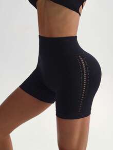 Easithlete Easithlete Women's Solid Color Hollow Design Daily Fitness Sports Shorts - Black - View 4
