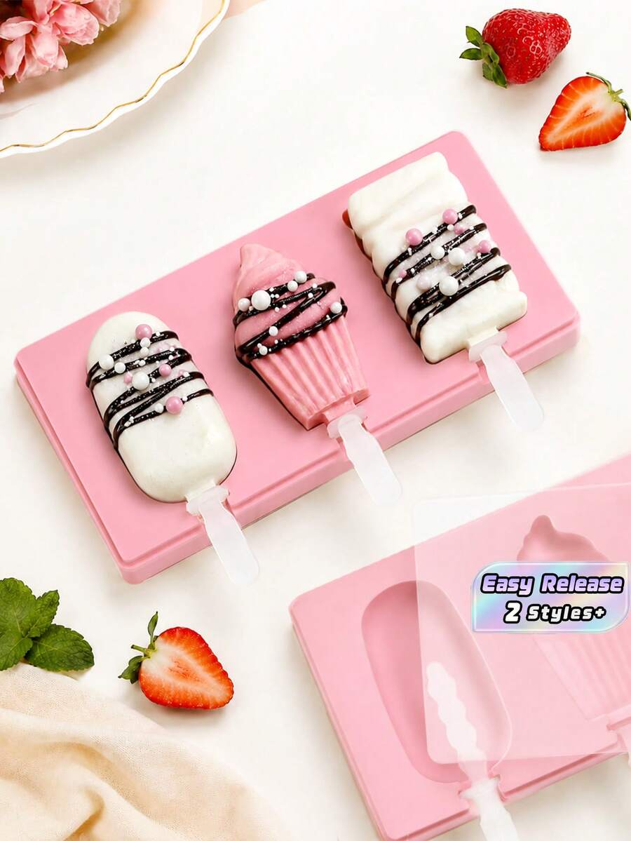 1Pc Cute Shapes Silicone Popsicle Molds With Lids Reusable Ice Cream Mold Popsicle 4 Cavities Maker Homemade DIY Set - Pink - View 1