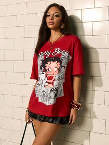 Betty Boop x SHEIN 女款字母印花圓領休閒T恤 - 紅色 - 查看 3