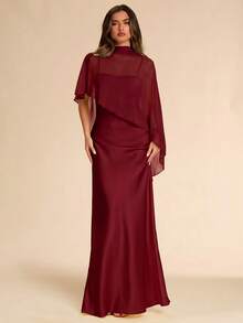SHEIN BAE Spring/Summer Red Wine Satin Chiffon Shawl 2 Pieces Dress, Luxury Elegant Evening Gown Wedding Formal Mother Of The Bride Professional - Burgundy - View 4