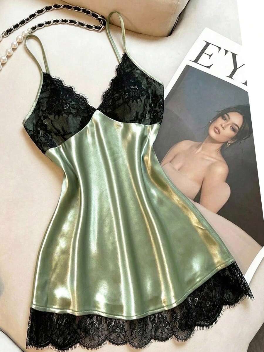 Franclia 歐美女款大尺碼性感細肩帶對比色蕾絲緞面下擺拼接荷葉邊短洋裝，百搭顯瘦 - Limelight Green - 查看 1