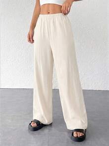SHEIN PETITE Pantalones anchos sueltos de textura simple para mujer - Albaricoque - Ver 4