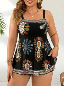 SHEIN CURVE+ Summerbeach Plus Size Women's Abstract Print High Waist Cami Ruffle Top And Bottom Bikini Set - Black - View 3