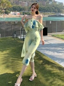 DAZY 大码女式荷叶边碎花中长连衣裙，休闲女式度假连衣裙 - 綠色 - 查看 4