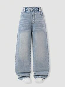 Tween Girls 2026 Summer Washed Blue Loose Straight Denim Pants High Waist Elastic Casual School Style Versatile Long Snug Fit Student Uniform Daily - Light Wash - View 4